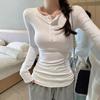 Zakřivený Čistý Nový Styl Polorozepnutý Límec Knoflíkový Tričko s Dlouhým Rukávem pro Ženy Slim Základní Košile Ramenní Top