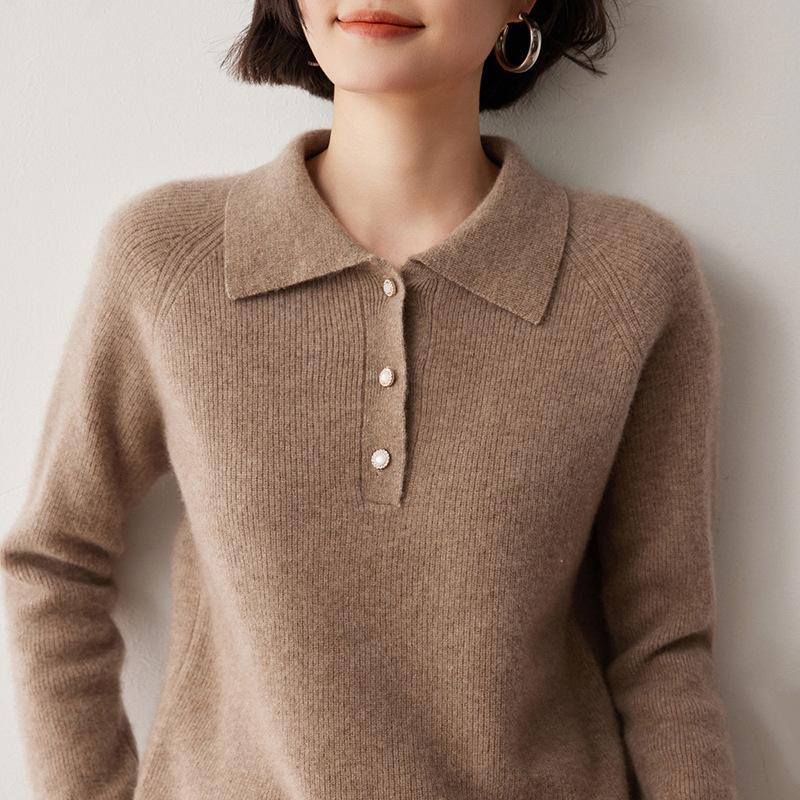 2024 Autumn/Winter Women's Cashmere Polo Neck Buttoned Lapel Pullover