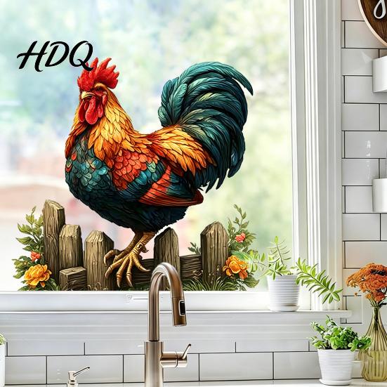 Cock Glass Sticker 1/2 Sheets Farmhouse Rooster Static Window Cling Removable Cling Decor Reusable Decal for Home Living Room