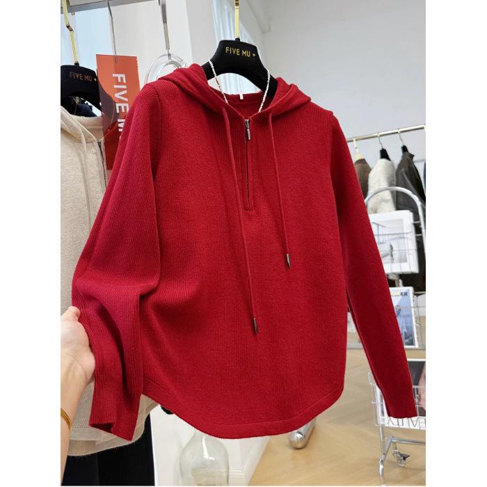 Cross-Border Solid Color Korean High-End Hooded Half-Zip Women's Long Sleeve Autumn Winter Pullover Base Layer Shirt