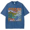 Colorful Flower Pattern T-shirt Retro Water Wash Vintage Men's and Women's Clothing Short Sleeve