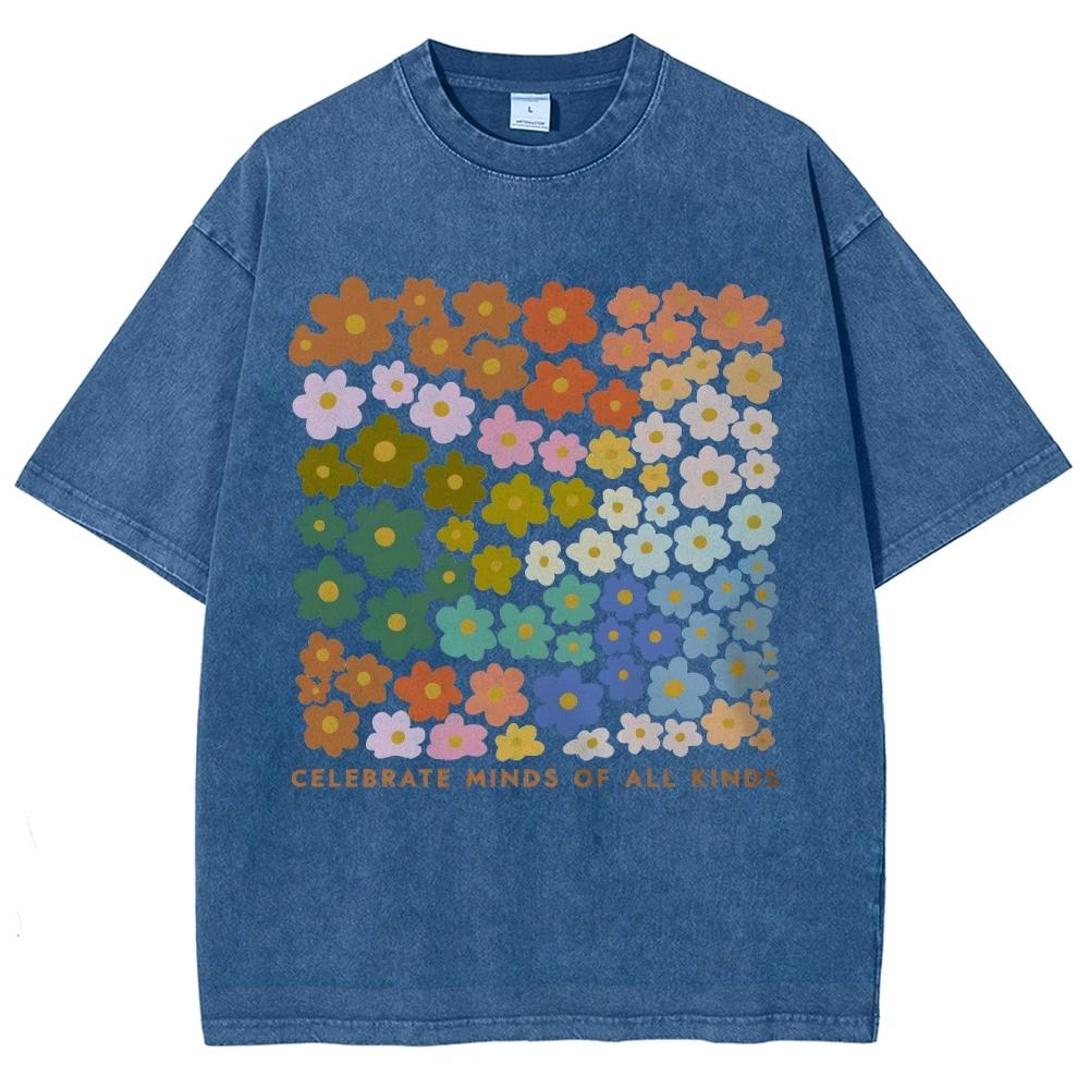 Colorful Flower Pattern T-shirt Retro Water Wash Vintage Men's and Women's Clothing Short Sleeve