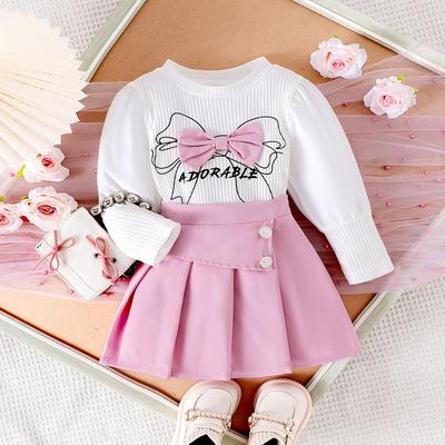 Kız Çocuk Moda Takım Yaz Çocuk Gündelik Kelebek Baskılı Uzun Kollu + Pileli Etek İki Parça Takım