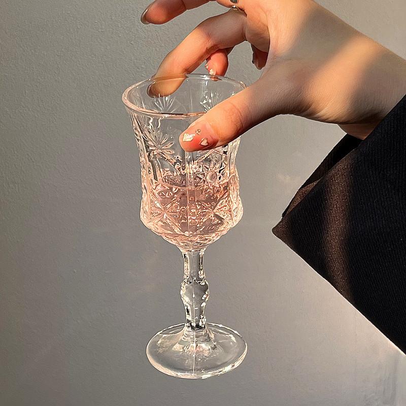 Ins Cute Cup Horn Transparent Glass Goblet Large Opening Simple Red Wine Glass Embossed Champagne Cold Drink Cup