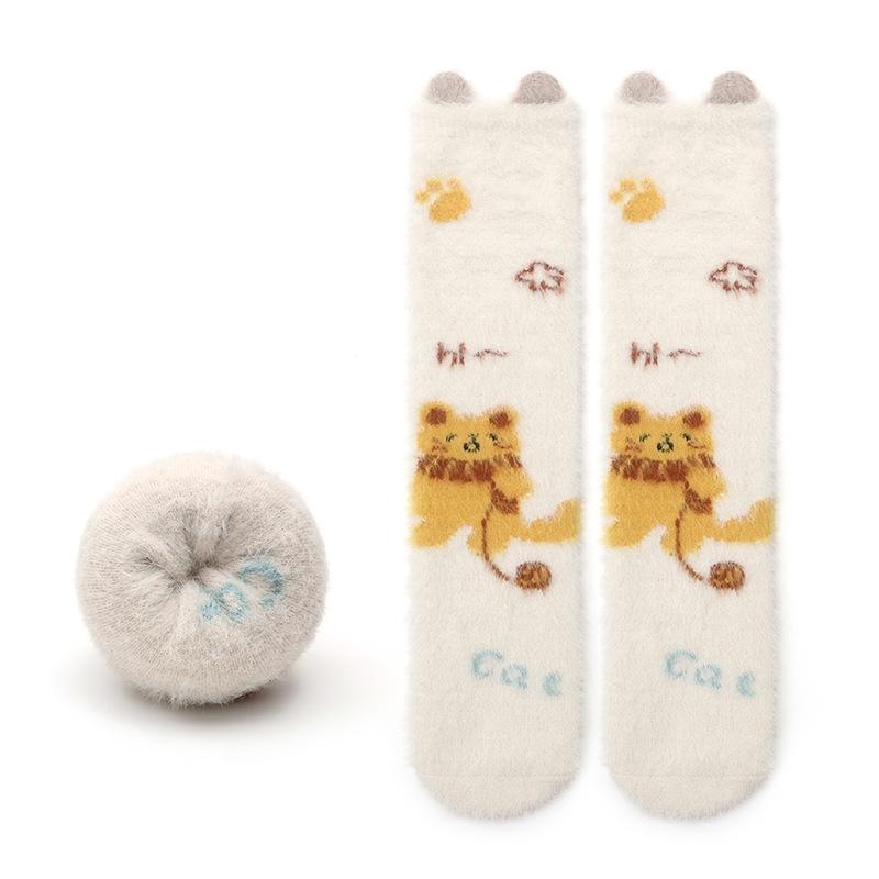 Autumn Winter Sweet Stockings Bowknot Imitation Mink Socks Winter Plush Warm Home Sleeping Socks Cartoon Cute Furry Tube Socks