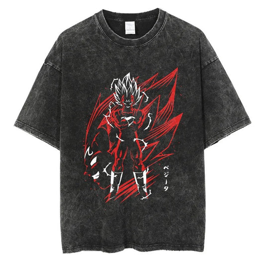 

New Dragon Ball Beigeta Retro Tshirt Washed Oversized Distressed Anime Print Casual Cotton Short Sleeve Parentchild Tee M