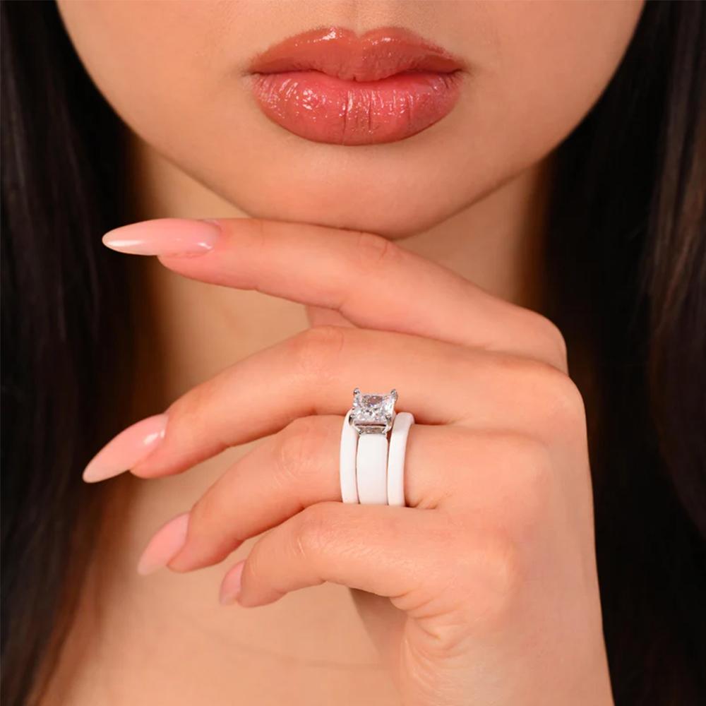 Princess Cut Cubic Zirconia Ring with 3-Layer White Ceramic Band, Modern Chunky CopperPlated Statement Ring, Bridal Promise Jew