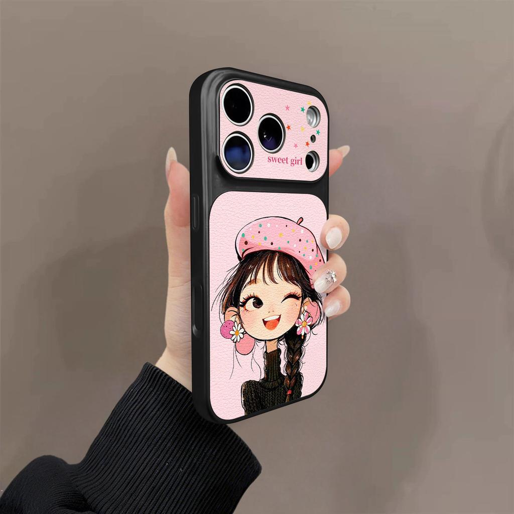 Pink hat girl for iPhone17promax mobile phone case Apple's new niche leather case