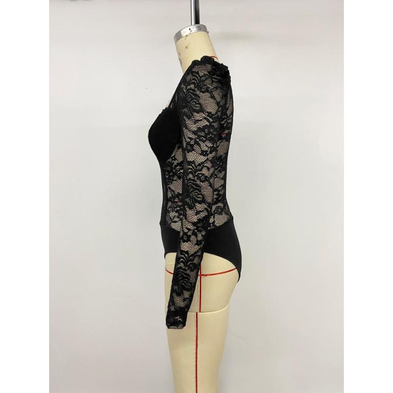 Female Lace Lace Spliced Square Collar Tight Black Bodysuit