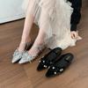 Women's Butterfly Knot Head Cover Half Slippers Crystal Embellished Flat Shoes Outdoor Wear Spring Summer Silver Color