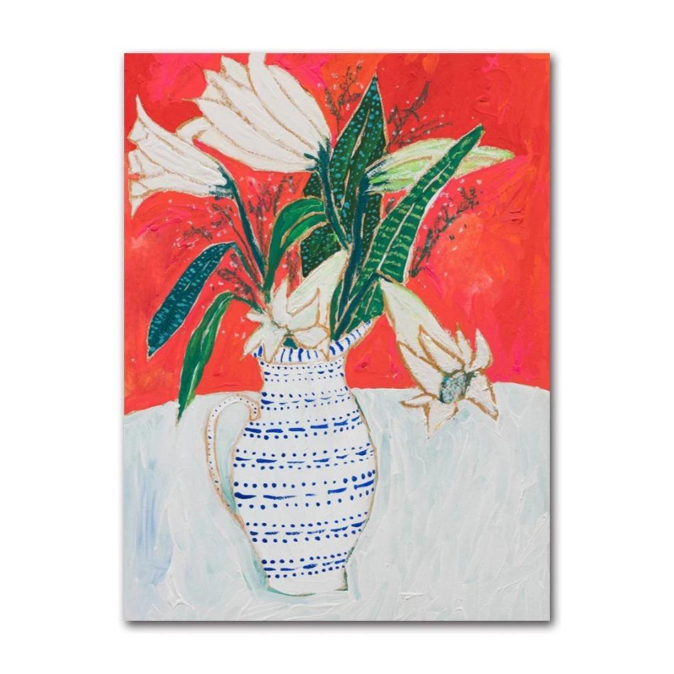 Nordic Flower Leaf Colorful Vase Art Print Wall Poster Canvas Painting Retro Picture Modern Home Decor Bedroom Decoration