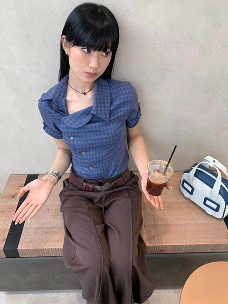 Estetică, vintage, retro, cămăși în carouri, pentru femei, Y2k, vară, cu un singur piept, pentru birou, bluze pentru femei, coreeane, casual, subțiri, topuri