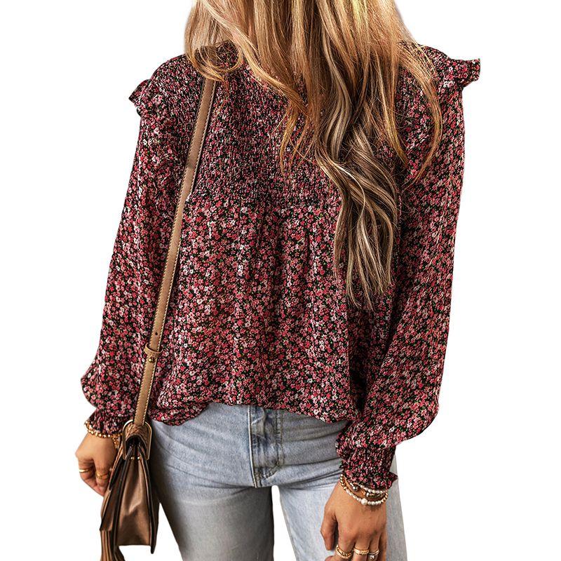 

Spring Thin Floral Print Pullover Chiffon Shirt Female 2025 Fashion Fashion Stylish Ruffles Long Sleeves Tops Red S code fits (45.00 kg-55.00 kg