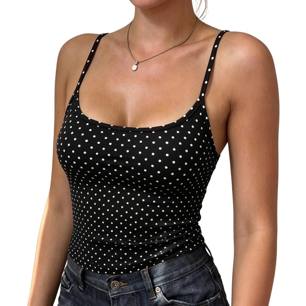 Camiseta sin mangas informal de lunares para mujer, cómoda camiseta sin mangas de tirantes finos para uso diario, ajuste relajado, tejido suave y ligero