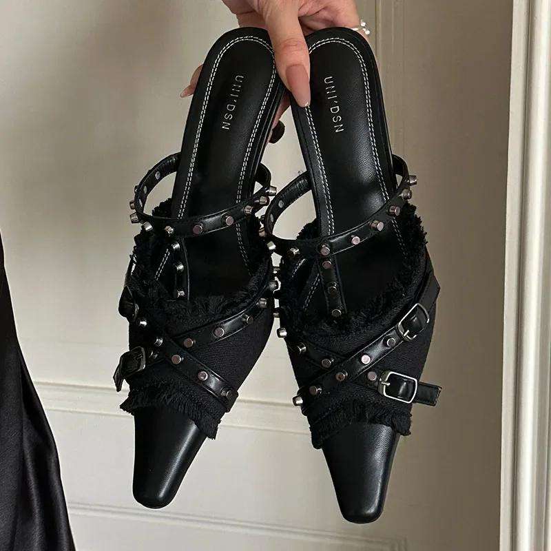 Female Shoes For Thin High Heels Pointed Toe Elegant Ladies Sandals Slingbacks Slides 2025 Footwear Black Women Pumps