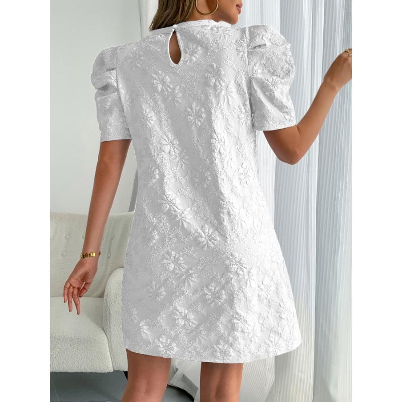 Summer Puff Short Sleeve Textured Jacquard Fashion Dress New Women Crew Neck Retro Elegant A-line Party Short Dress Female Slim Fit Loose Streetwear
