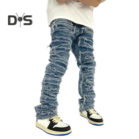 

Мужские джинсы с застежкой-молнией на пуговицы, прямые брюки с кисточками по краям, однотонные потертые джинсовые брюки XXXL синий