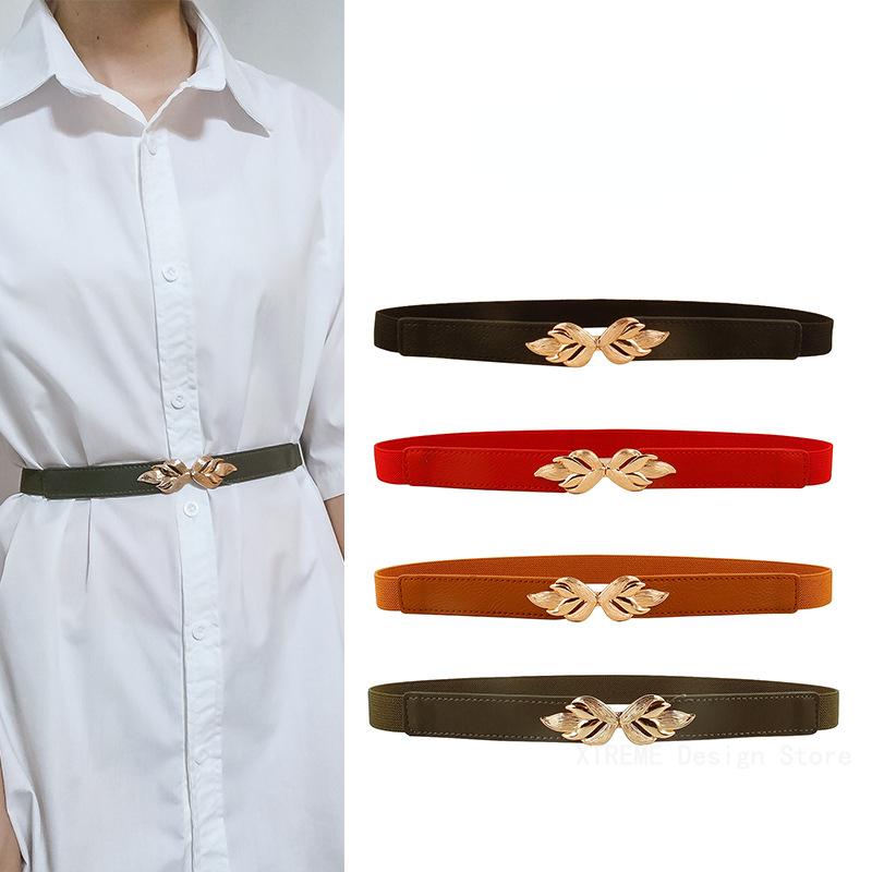 Fashion Leaf Thin Belt Stretch Dress Belt Women Fashion Waist Thin Buckle Waistband for Ladies Belt Decoration Narrow
