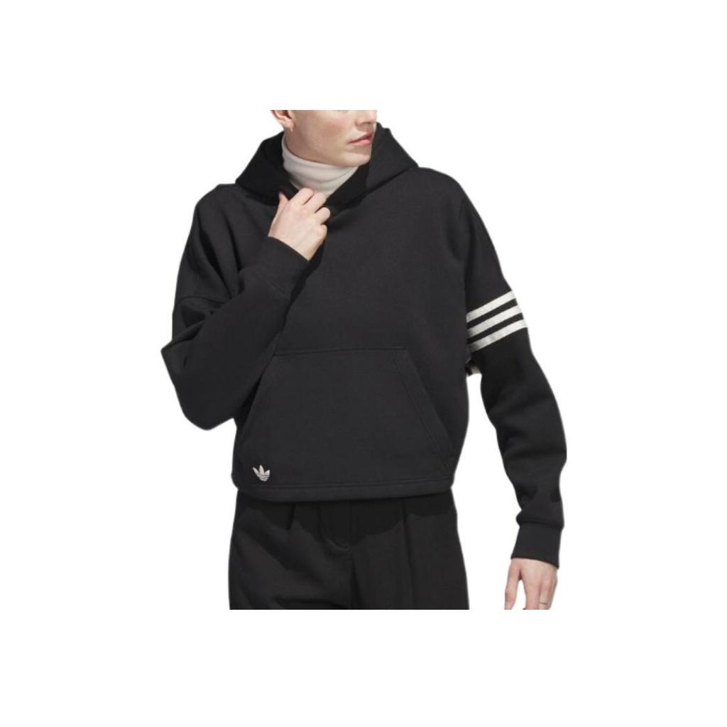 Adidas Originals Campus 00s Trefoil Stripe Print Cropped Hoodie Women Tops Black IB5922