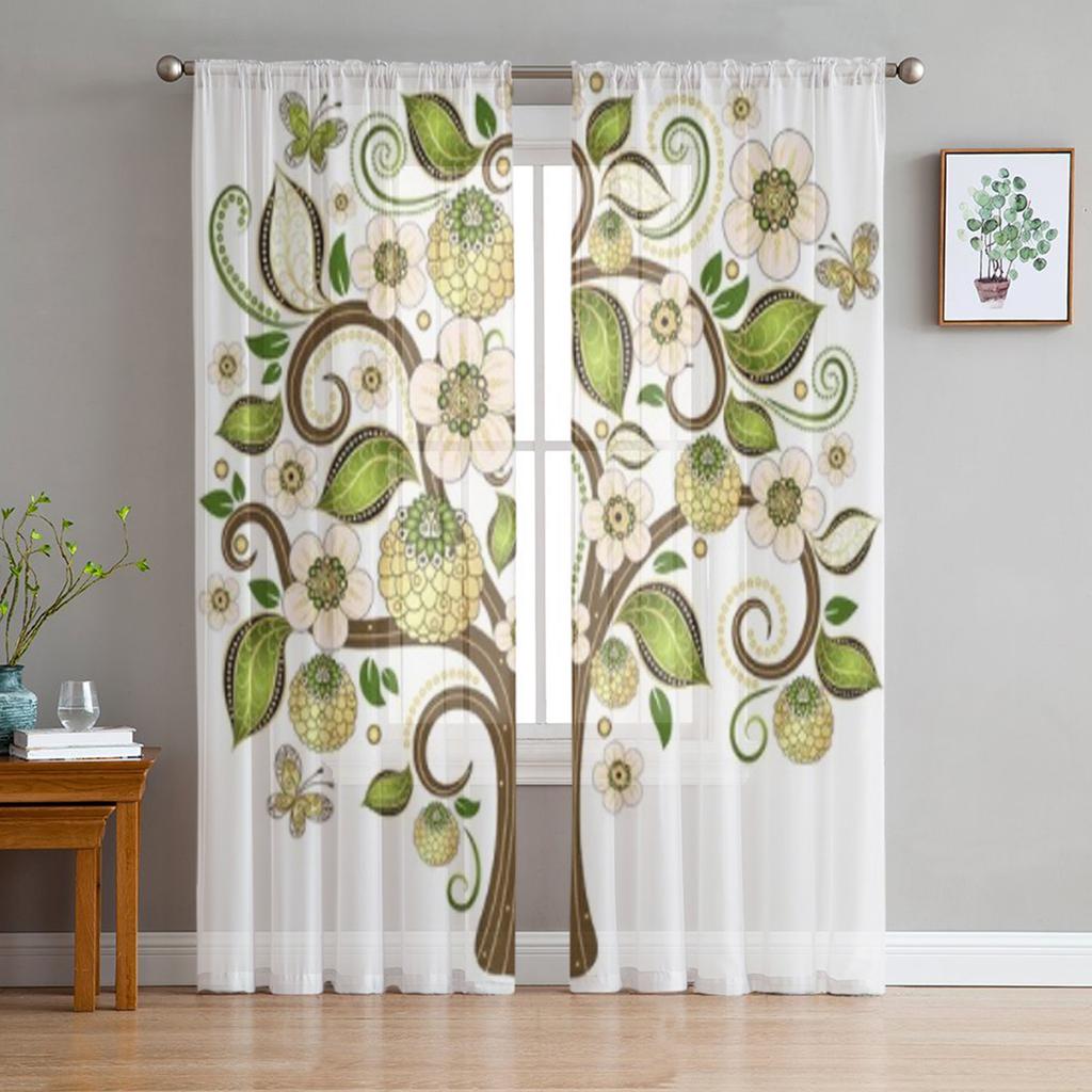 Strom A Bílé Zelené Listy Luxusní Šifonové Průsvitné Závěsy pro Dekoraci Obývacího Pokoje Ložnice Okenní Voály Tylová Záclona