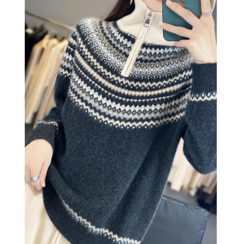 Women's Retro Jacquard Cashmere Sweater Coat with Fair Isle Collar, 2025 Autumn/Winter Zipper Design