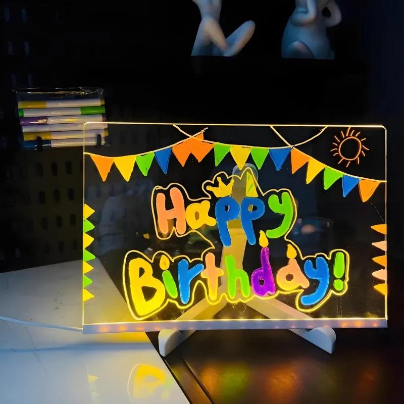 LED Note Board With Night Light Colorful 7 Pens DIY Acrylic Message Board Children‘s Drawing Board For Kids Birthday Gift