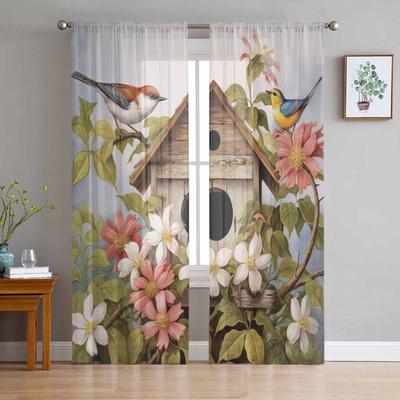 Casa de Passarinho Vintage de Primavera Flores Pássaros Cortinas Transparentes para Decoração de Sala de Estar Cortinas de Janela Cozinha Cortinas de Tule Voile