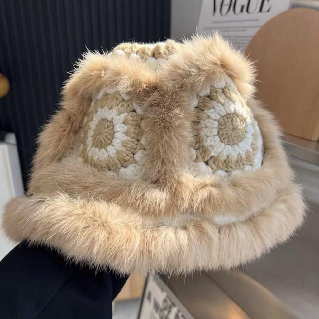 Rex rabbit hair knitted plush hat female autumn and winter furry tiger head lion show face small man