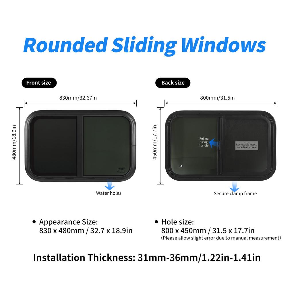 4mm Thick Tempered Glass RV Sliding Window L800 H450mm UV Resistant Insect Screen Motorhome Window for Trailer Marine Camper