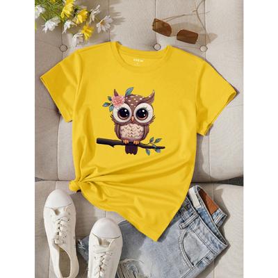T-shirt Casual da Donna Estiva con Stampa di Gufo a Cartoni Animati, Girocollo, Manica Corta