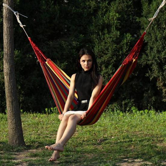 Outdoor Striped Hammock with Rope Bag, Portable Canvas Single Person Hammock, Tree Hanging Hammock for Camping Garden Patio Backyard Porch