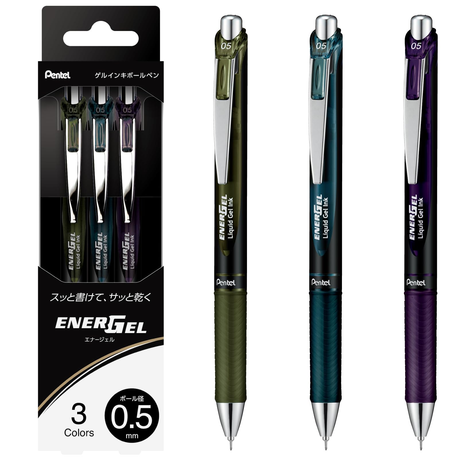 Pentel EnerGel Gel Ink Ballpoint Pen, 0.5mm, 3-Color Set, BLN75A2-3STH
