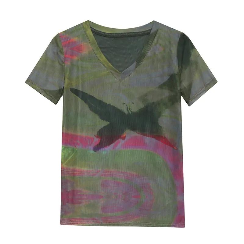 Women Butterfly Print Mesh V Neck Short Sleeve Slim Top S