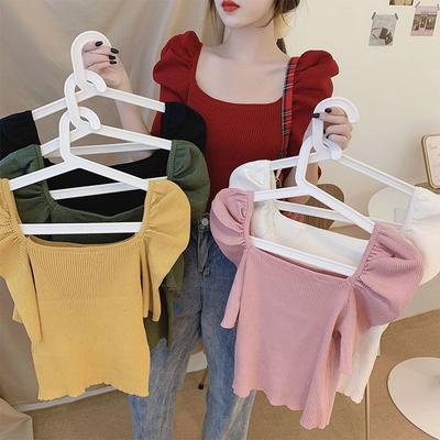 Summer Design Retro Square Neck Slim Knit Top Short Sleeved T-shirt for Women