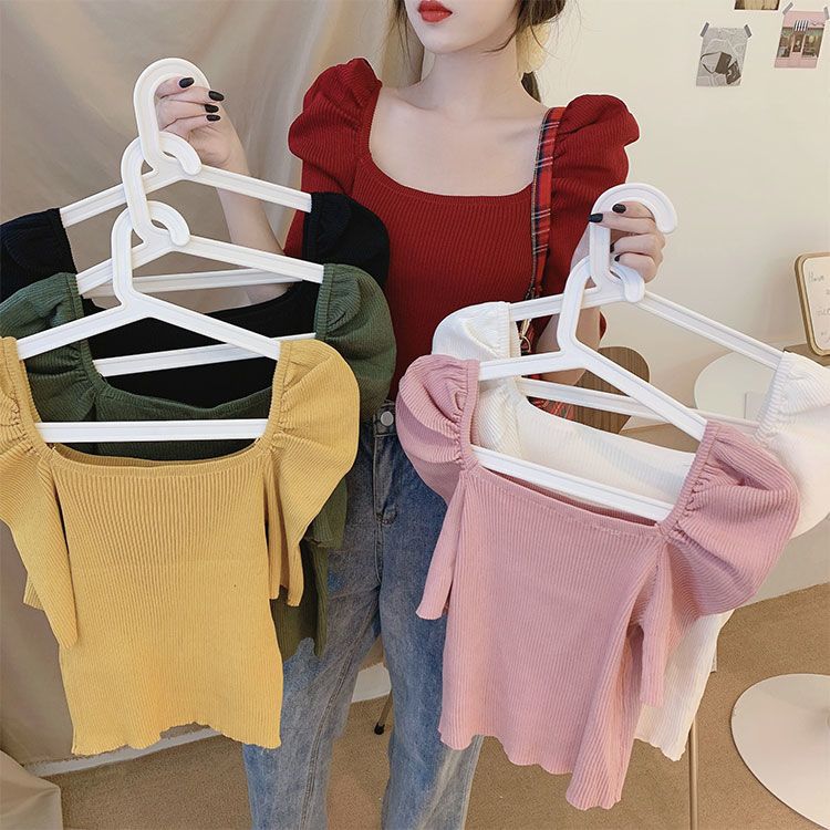 

Summer Design Retro Square Neck Slim Knit Top Short Sleeved T-shirt for Women One size