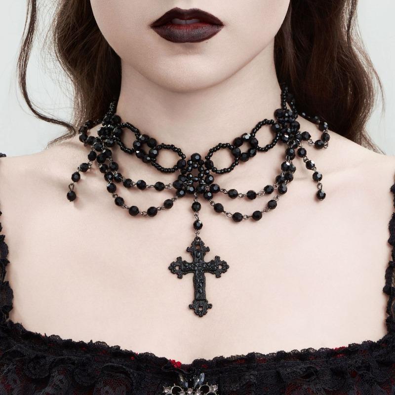 

Palace style black lace clavicle chain retro cross crystal beaded tassel necklace