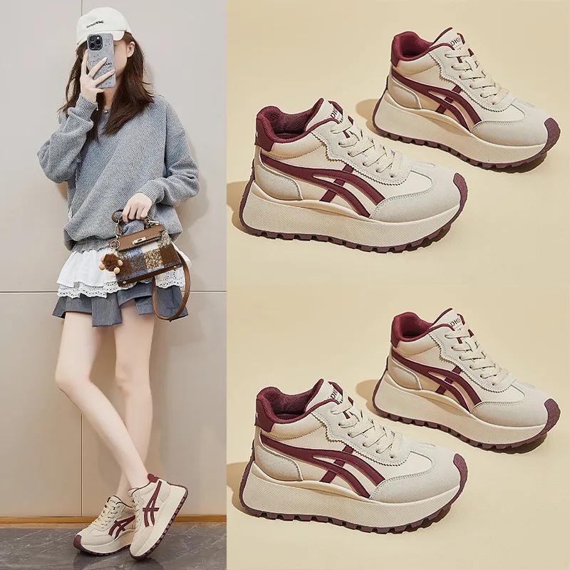 2025 Spring Thick Bottom Women's Shoes Casual Patchwork Leather Sneakers Casual Vulcanised Shoes Student Femme Shoes
