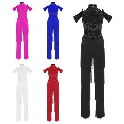 Costume da Ballo Samba da Donna S-XXL: Tuta corta intera con scollo all'americana, spalle scoperte, schiena scoperta, con strass, frange a strati per feste di ballo