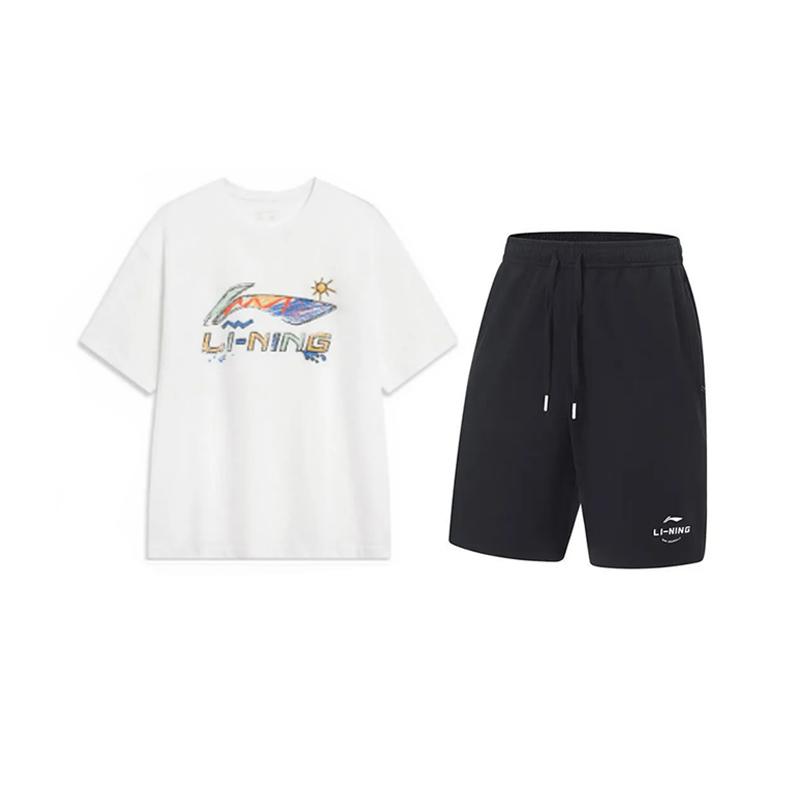 Li-Ning Hand-Painted Logo Round Neck Comfortable Fashion Short Sleeve T-Shirt Casual Sports Suit Unisex Tops AHSU745-2+AKST543-3