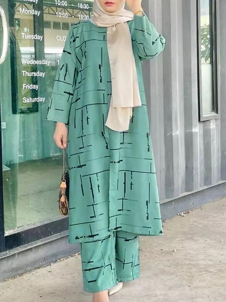 Women's Army Green Muslim Print Casual Fashion Set