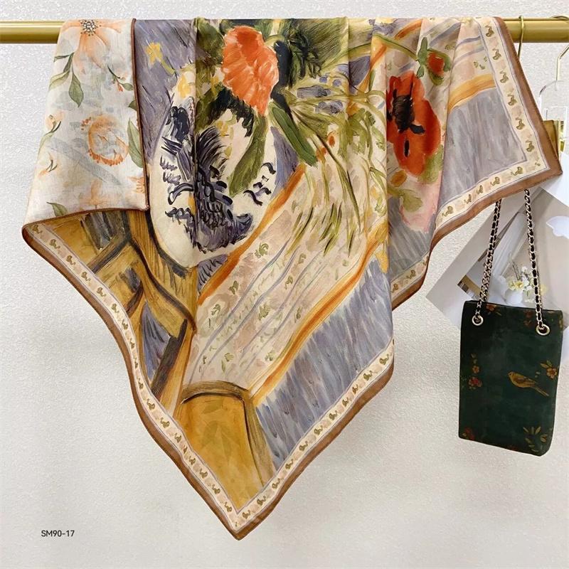 Double-Sided Faux Silk And Wool Printed Scarf For Women Spring And Autumn 90Cm Square Scarf Foulard Bandana Femmel Headscarf