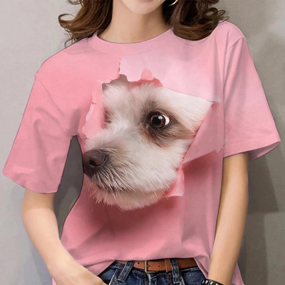 Summer Round Neck 3D Dog Printed Top Fashionable Casual Short Sleeved Women's T-shirts