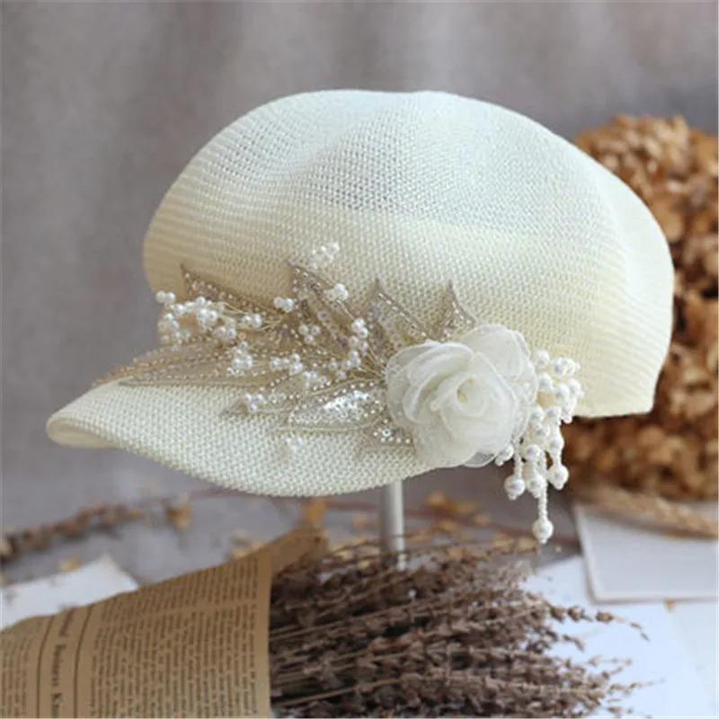 

Lace Sequin Leaves Pearl Tassel Independent Design Breathable Lady Octagonal Cap Visors Cap One Size