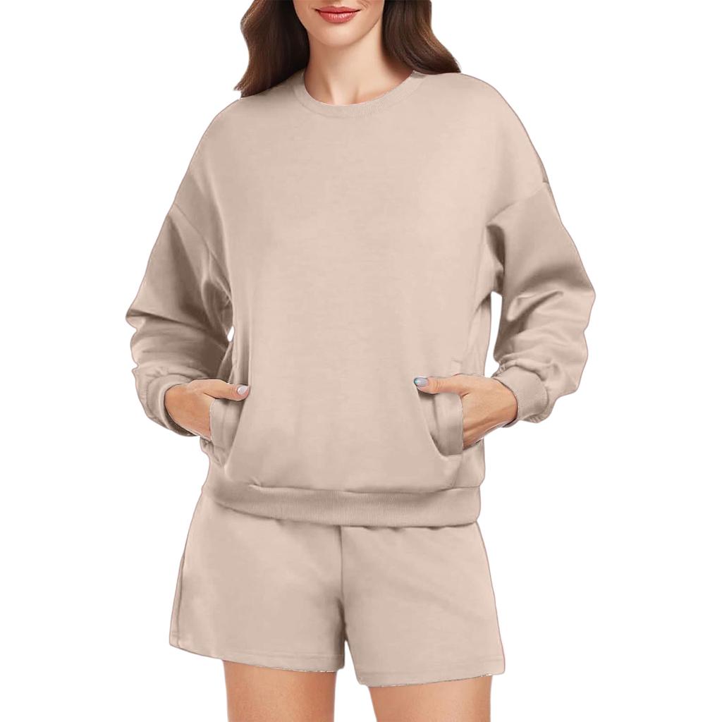 Women's Fashion Sportswear Casual Long-Sleeved Pullover Sweatshirt Drawstring Shorts Set