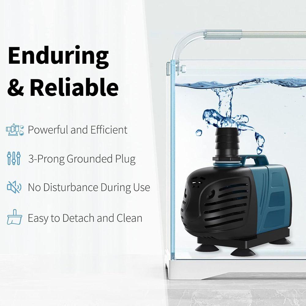1000 GPH Submersible Inline Water Pump, 80W, 10ft Power Cord, Quiet Operation for Large Aquariums, Ponds, and Water Features