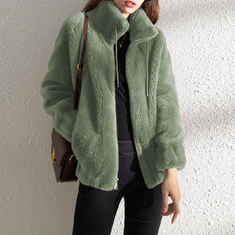 Cappotto Invernale da Donna in Pile Corallo Doppio Caldo Collo Alto Cappotto Lungo Casual alla Moda da Donna con Cerniera Maniche Lunghe