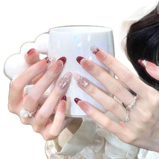 2026 Color Wearable Nails: French New Year Red Ballet, Polka Dot, Cat Eye Manicure Medium-Long Nail Tips