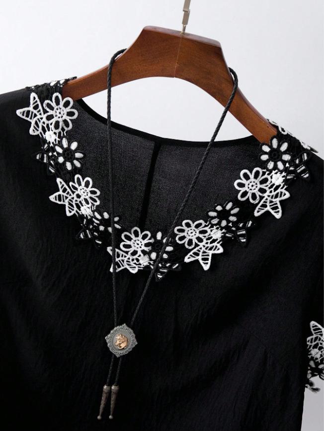 2026 European Plus Size Women's Summer Lace Patchwork Short Sleeve Shirt