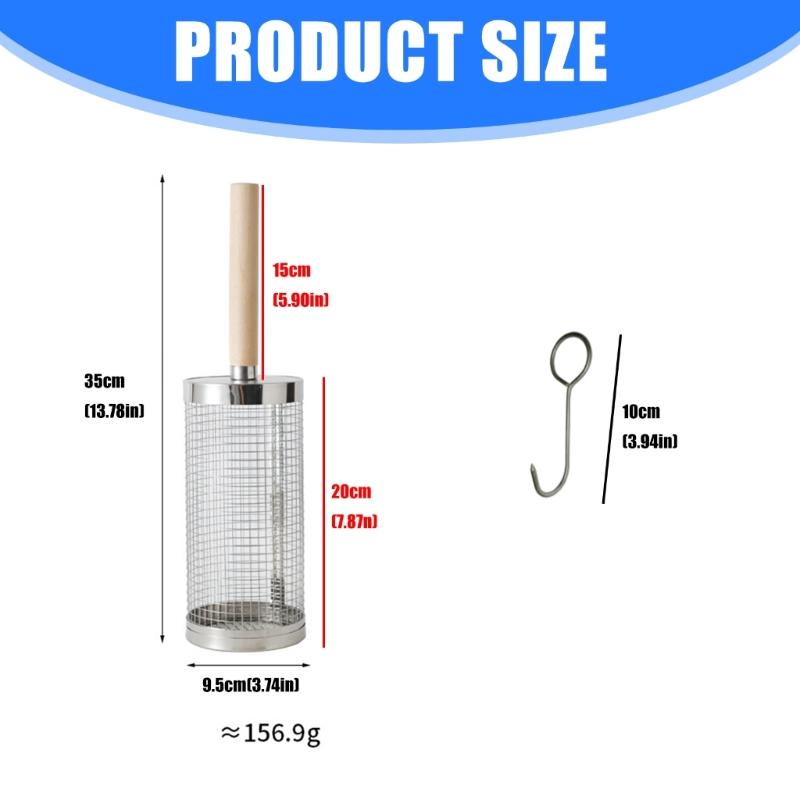 Steel Rotating Grill Basket With Hanging Hook and Wood Handle For Even Cooking And Effortlessly BBQ Food Flipping