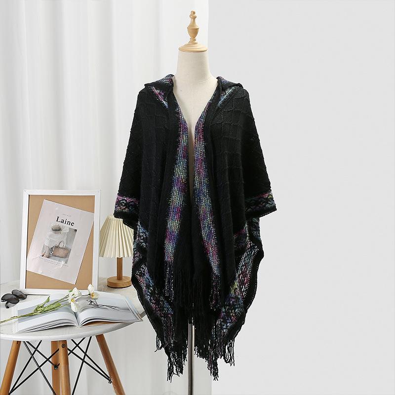 Casual Dark Pattern Hooded Shawl: Versatile, Comfortable, Breathable, Warm, Simple Fashion Scarf-Cape.